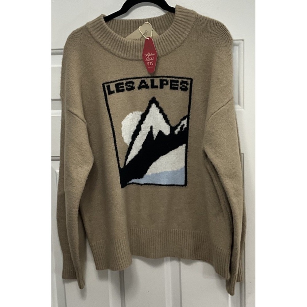 Universal Thread "Tan Les Alpes"Mountain Graphic Crewneck Knit Sweater Women XL